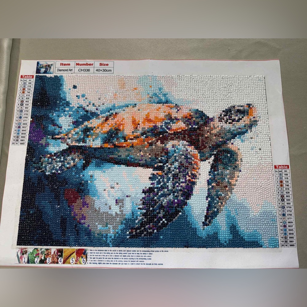 Vibrant Sea Turtle Diamond Art Kit completed and beautiful.  Homemade